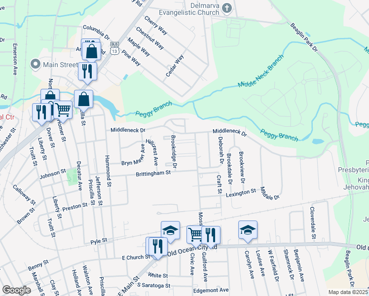 map of restaurants, bars, coffee shops, grocery stores, and more near 403 Moss Hill Lane in Salisbury