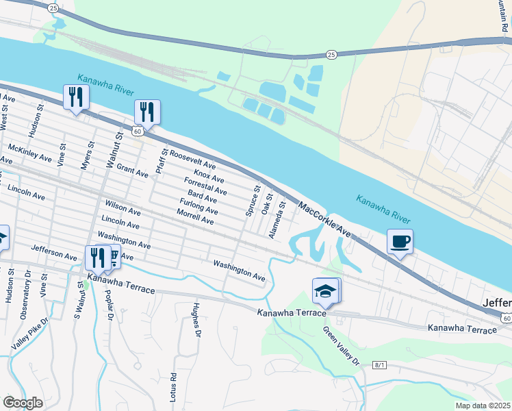 map of restaurants, bars, coffee shops, grocery stores, and more near 210 Spruce Street in Saint Albans