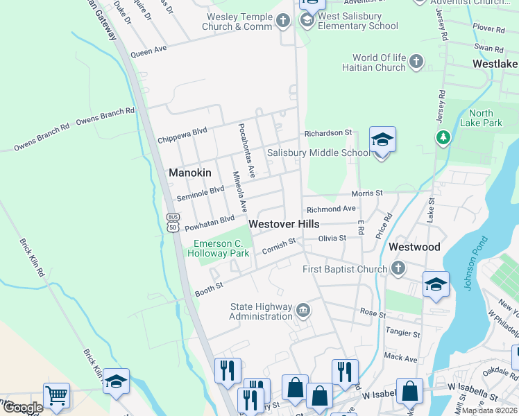 map of restaurants, bars, coffee shops, grocery stores, and more near 811 Miami Avenue in Salisbury