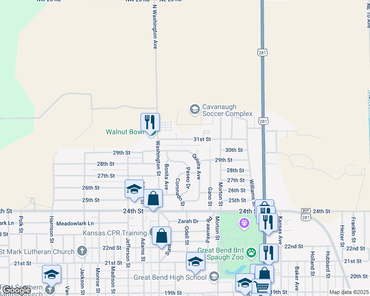 map of restaurants, bars, coffee shops, grocery stores, and more near 2932 Quivira Avenue in Great Bend