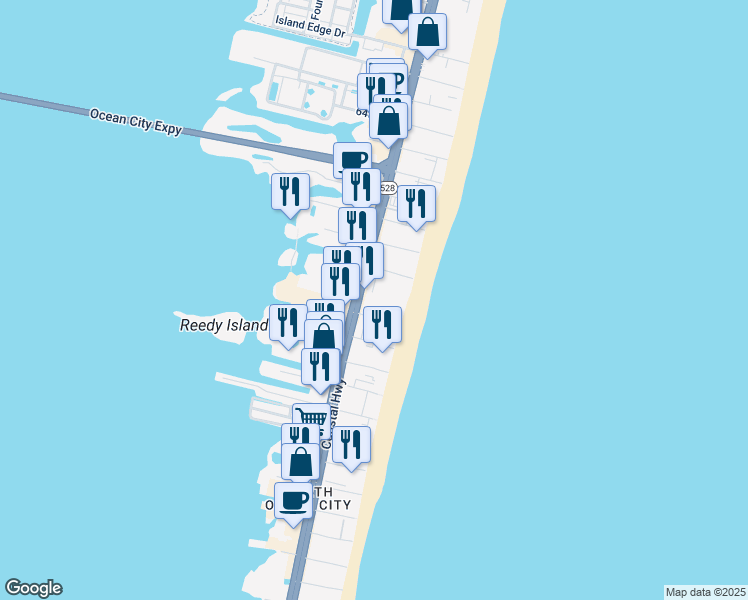 map of restaurants, bars, coffee shops, grocery stores, and more near 5604 Coastal Highway in Ocean City