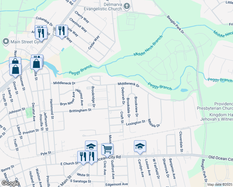 map of restaurants, bars, coffee shops, grocery stores, and more near 408 Woodview Square in Salisbury