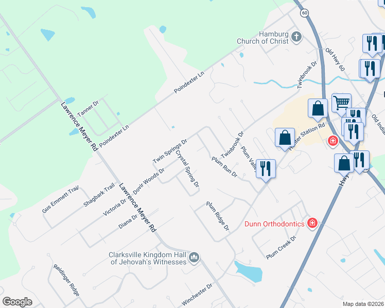 map of restaurants, bars, coffee shops, grocery stores, and more near 7112 Crystal Spring Dr in Sellersburg
