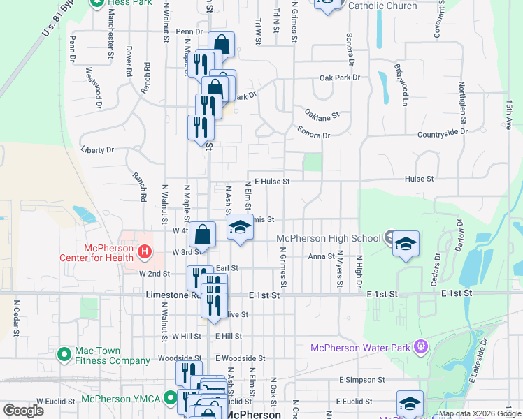 map of restaurants, bars, coffee shops, grocery stores, and more near 325 E Loomis St in McPherson