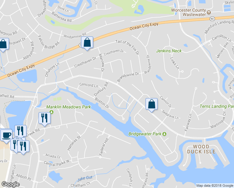 map of restaurants, bars, coffee shops, grocery stores, and more near 28 Gloucester Road in Ocean Pines