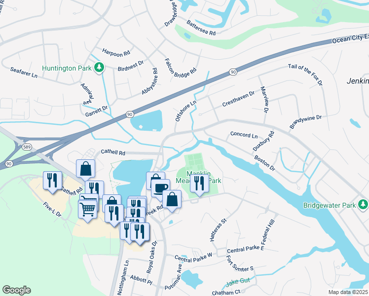 map of restaurants, bars, coffee shops, grocery stores, and more near 17 Alden Court in Ocean Pines