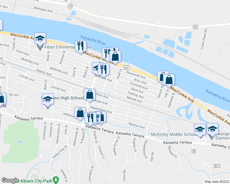 map of restaurants, bars, coffee shops, grocery stores, and more near 2604 Morrell Avenue in Saint Albans