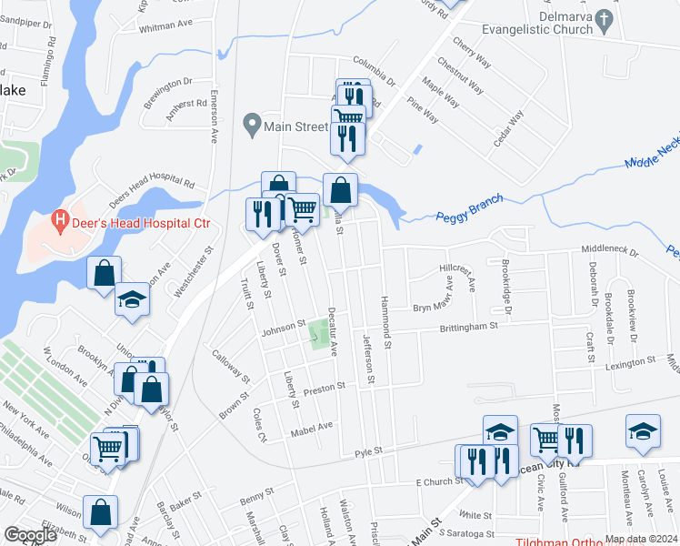 map of restaurants, bars, coffee shops, grocery stores, and more near 626 Priscilla Street in Salisbury