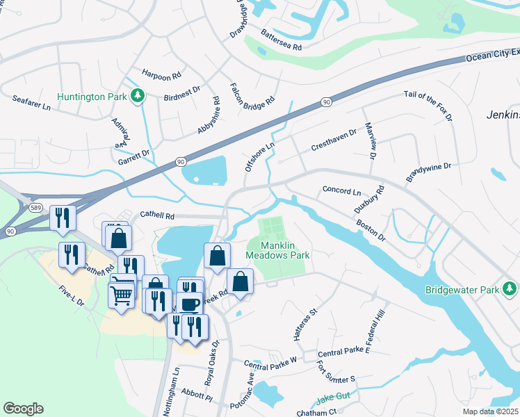 map of restaurants, bars, coffee shops, grocery stores, and more near 17 Alden Court in Ocean Pines