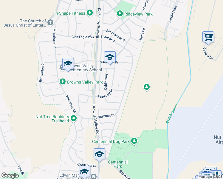 map of restaurants, bars, coffee shops, grocery stores, and more near 579 Tipperary Drive in Vacaville