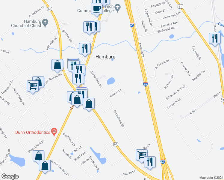 map of restaurants, bars, coffee shops, grocery stores, and more near 701 Somerset Court in Sellersburg