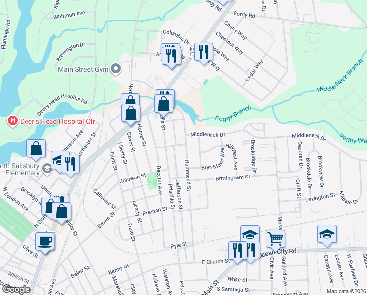 map of restaurants, bars, coffee shops, grocery stores, and more near 622 Hammond Street in Salisbury