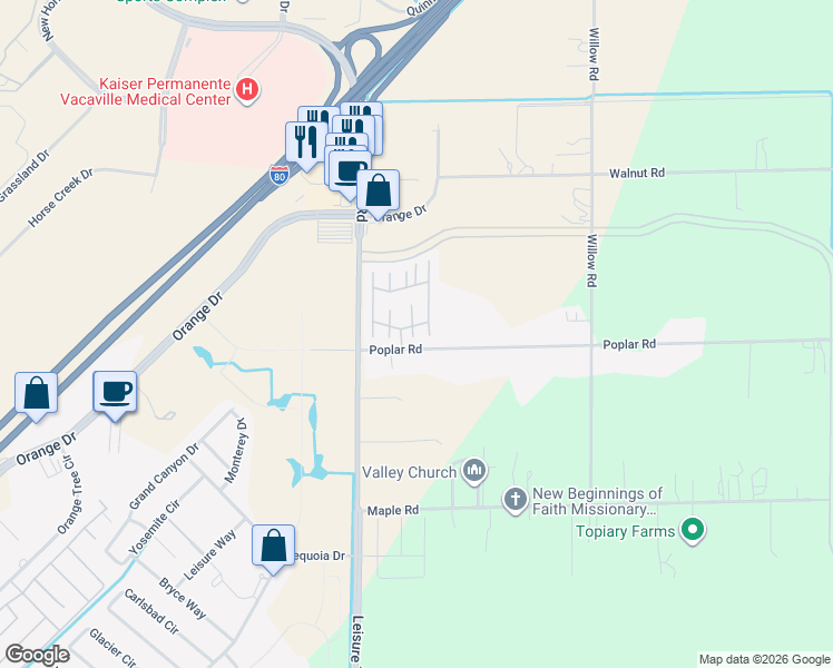 map of restaurants, bars, coffee shops, grocery stores, and more near 99 Del Loma Court in Vacaville