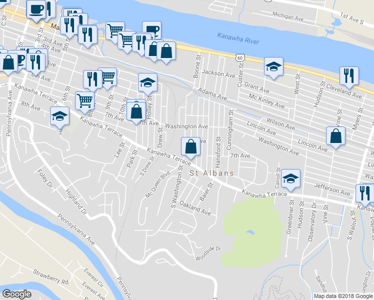 map of restaurants, bars, coffee shops, grocery stores, and more near 712 Washington Street in St. Albans