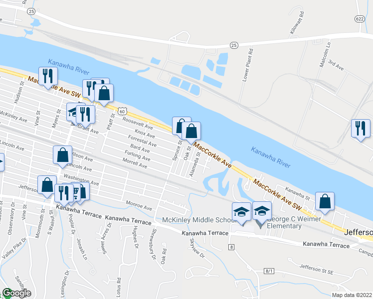 map of restaurants, bars, coffee shops, grocery stores, and more near 111 Oak Street in Saint Albans