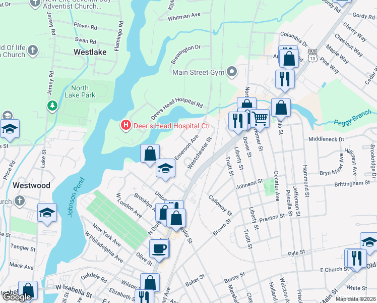 map of restaurants, bars, coffee shops, grocery stores, and more near 1309 Emerson Avenue in Salisbury