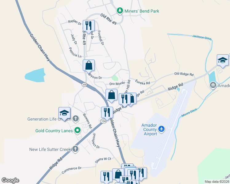 map of restaurants, bars, coffee shops, grocery stores, and more near 36 Del Vista Road in Sutter Creek