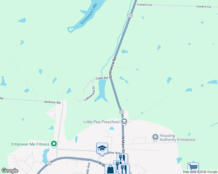 map of restaurants, bars, coffee shops, grocery stores, and more near 3998 Eminence Road in Eminence