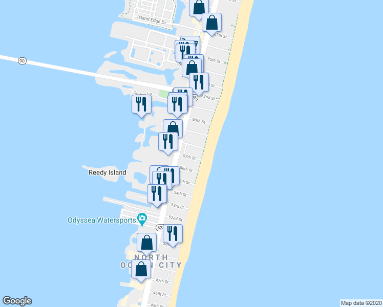 map of restaurants, bars, coffee shops, grocery stores, and more near 1 57th Street in Ocean City