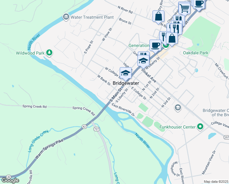 map of restaurants, bars, coffee shops, grocery stores, and more near 208 South Main Street in Bridgewater