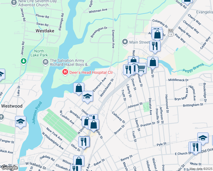 map of restaurants, bars, coffee shops, grocery stores, and more near 1402 Westchester Street in Salisbury