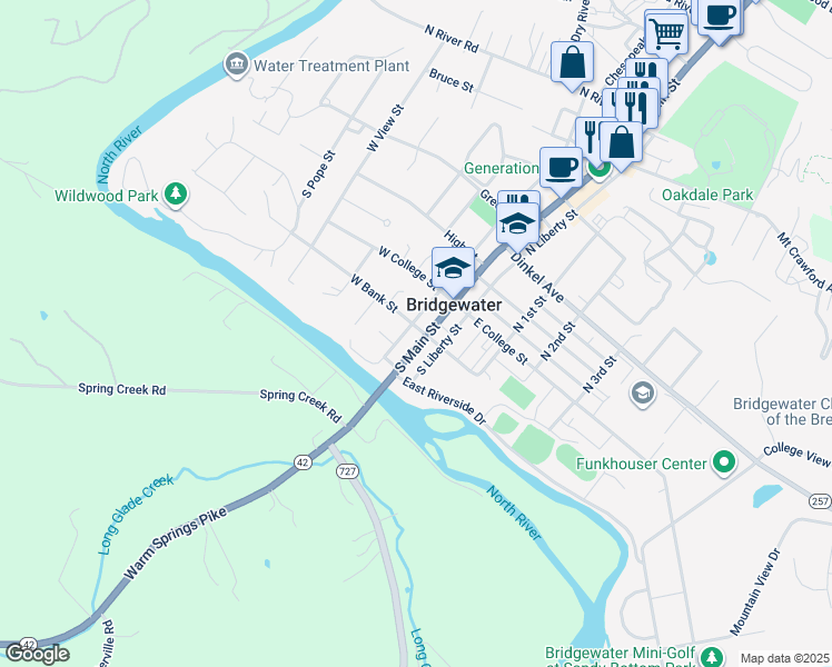 map of restaurants, bars, coffee shops, grocery stores, and more near 208 South Main Street in Bridgewater