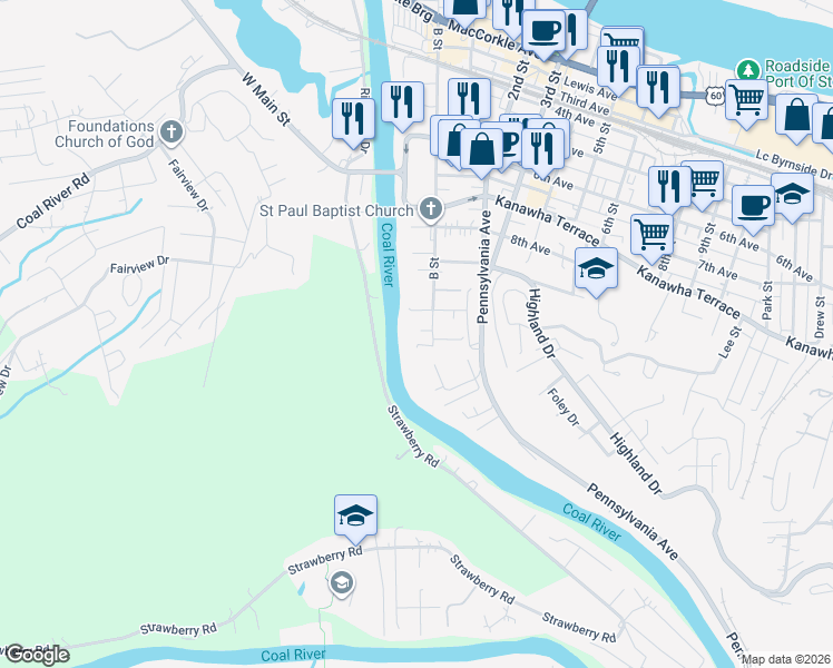 map of restaurants, bars, coffee shops, grocery stores, and more near 9 Sheridan Drive in St. Albans