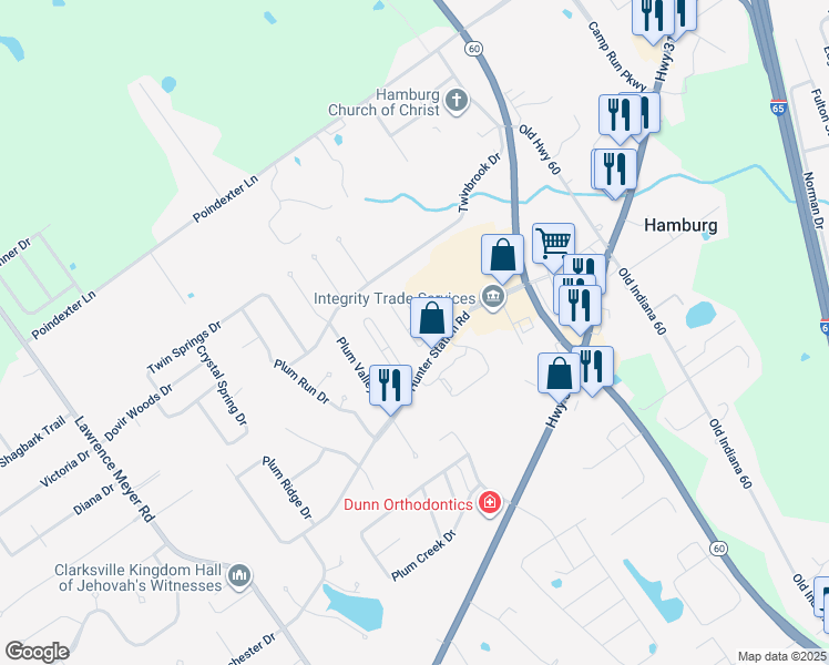 map of restaurants, bars, coffee shops, grocery stores, and more near 8406 Hunters Trace in Sellersburg
