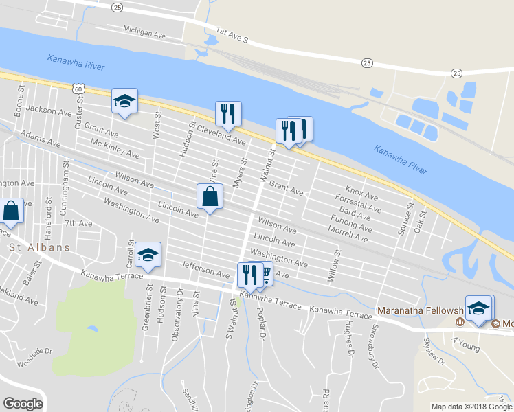 map of restaurants, bars, coffee shops, grocery stores, and more near 320 Walnut Street in Saint Albans