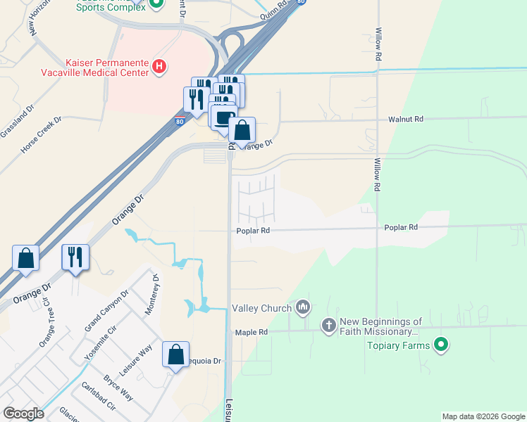 map of restaurants, bars, coffee shops, grocery stores, and more near 128 Del Paso Drive in Vacaville