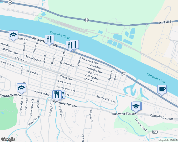 map of restaurants, bars, coffee shops, grocery stores, and more near 2629-2699 Knox Ave in St Albans