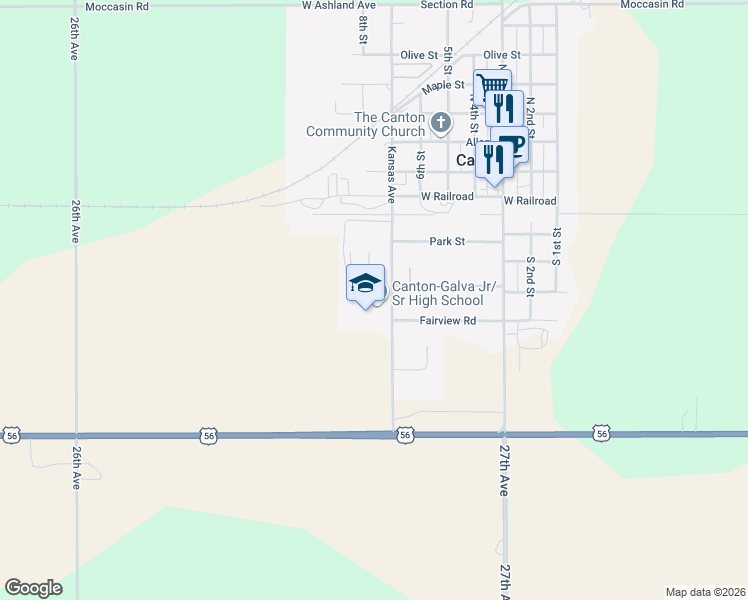 map of restaurants, bars, coffee shops, grocery stores, and more near 506 South Kansas Avenue in Canton