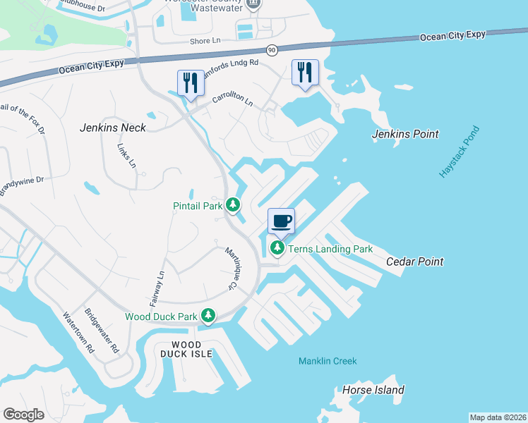 map of restaurants, bars, coffee shops, grocery stores, and more near 22 North Pintail Drive in Ocean Pines