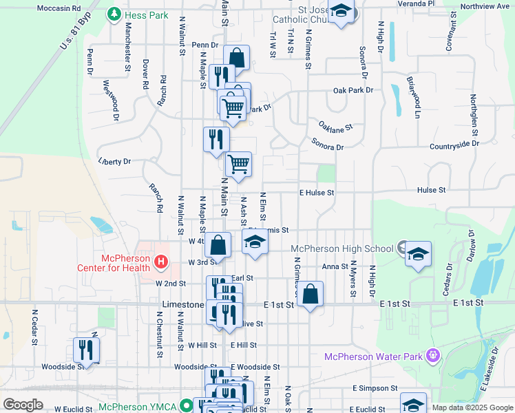 map of restaurants, bars, coffee shops, grocery stores, and more near 200-298 East Hulse Street in McPherson