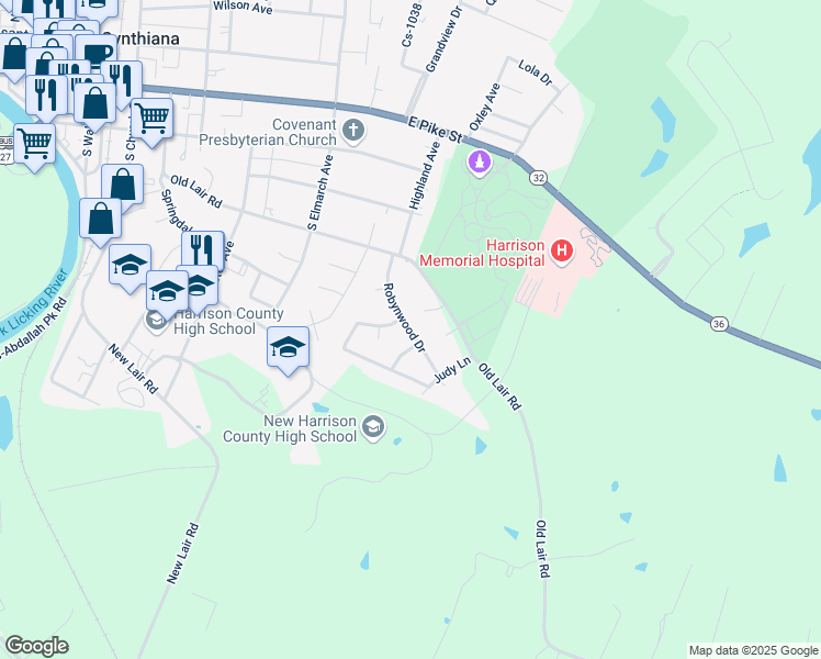 map of restaurants, bars, coffee shops, grocery stores, and more near Robynwood Drive in Cynthiana