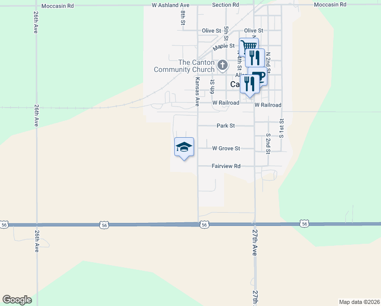 map of restaurants, bars, coffee shops, grocery stores, and more near 506 South Kansas Avenue in Canton