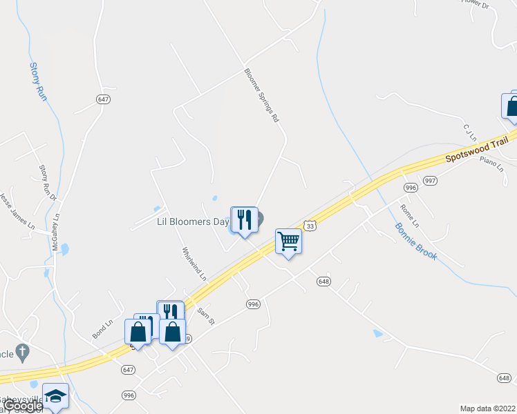 map of restaurants, bars, coffee shops, grocery stores, and more near 172 Bloomer Springs Road in McGaheysville