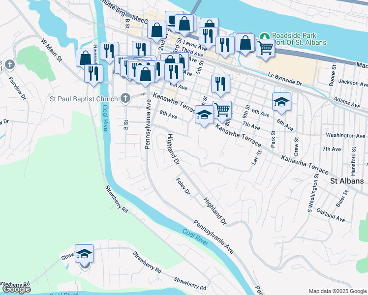 map of restaurants, bars, coffee shops, grocery stores, and more near 423 9th Avenue in St. Albans