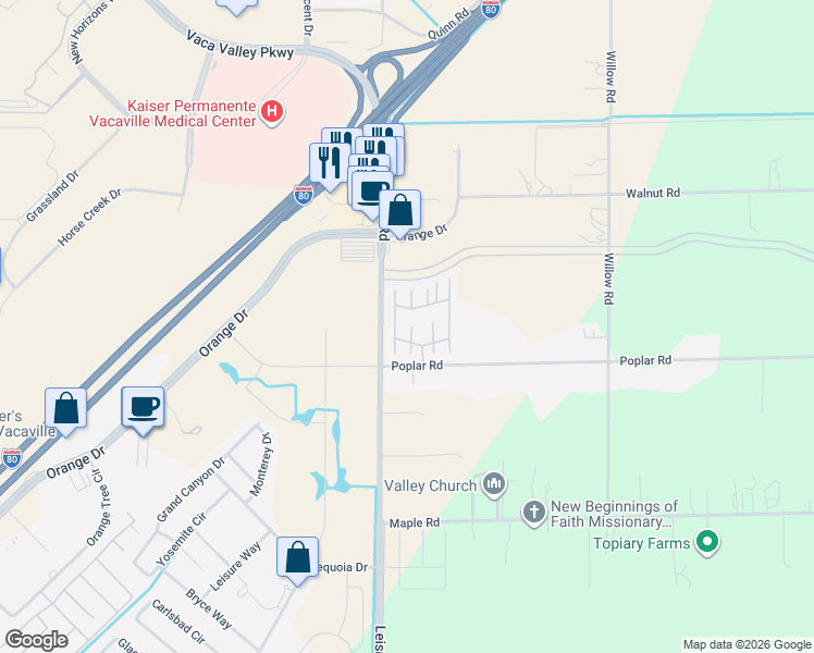 map of restaurants, bars, coffee shops, grocery stores, and more near 1 Del Loma Court in Vacaville