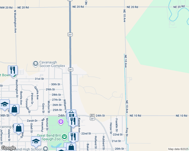 map of restaurants, bars, coffee shops, grocery stores, and more near 1700 Riviera Drive in Great Bend