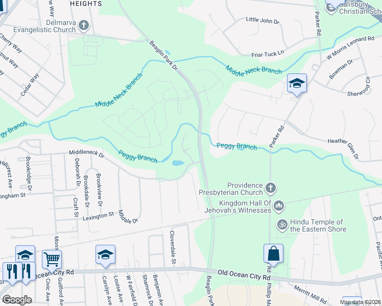 map of restaurants, bars, coffee shops, grocery stores, and more near 1415 Cat Tail Court in Salisbury
