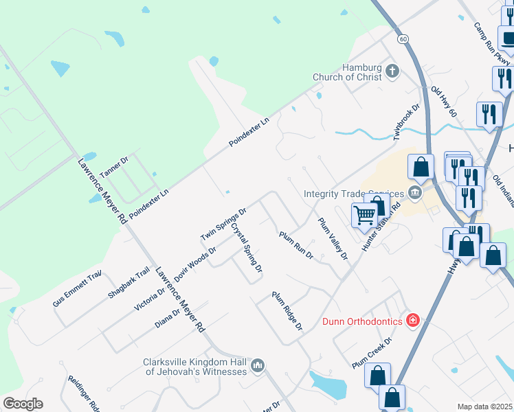 map of restaurants, bars, coffee shops, grocery stores, and more near 8529 Plum Run Drive in Sellersburg