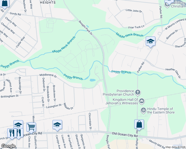 map of restaurants, bars, coffee shops, grocery stores, and more near 414 Stream Valley Court in Salisbury