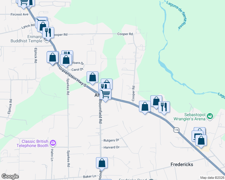 map of restaurants, bars, coffee shops, grocery stores, and more near in Sonoma County