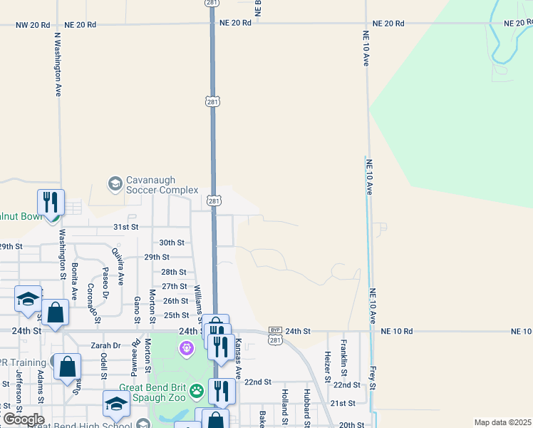 map of restaurants, bars, coffee shops, grocery stores, and more near 1700 Riviera Drive in Great Bend