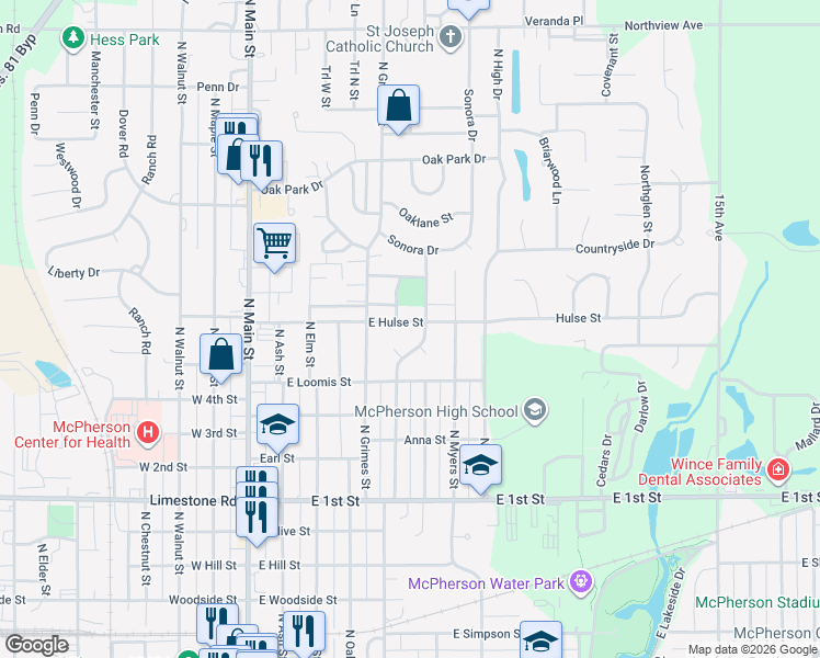 map of restaurants, bars, coffee shops, grocery stores, and more near 614 East Hulse Street in McPherson