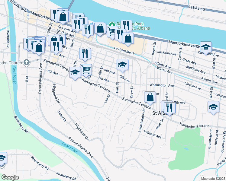 map of restaurants, bars, coffee shops, grocery stores, and more near 1020 Kanawha Terrace in Saint Albans