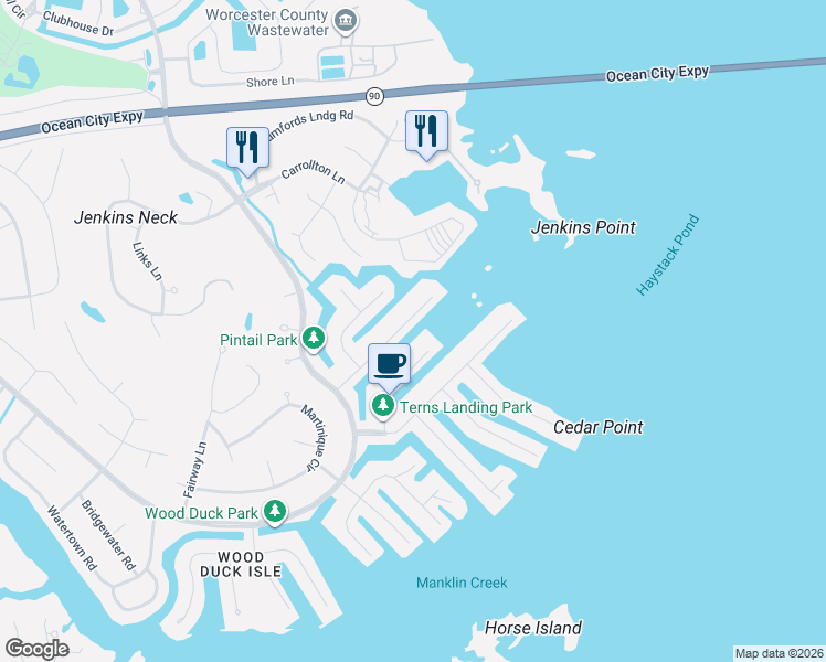 map of restaurants, bars, coffee shops, grocery stores, and more near 38 Pintail Drive in Ocean Pines
