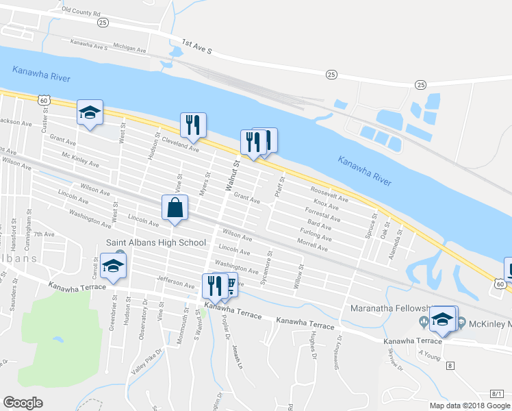 map of restaurants, bars, coffee shops, grocery stores, and more near 2505 Grant Avenue in Saint Albans