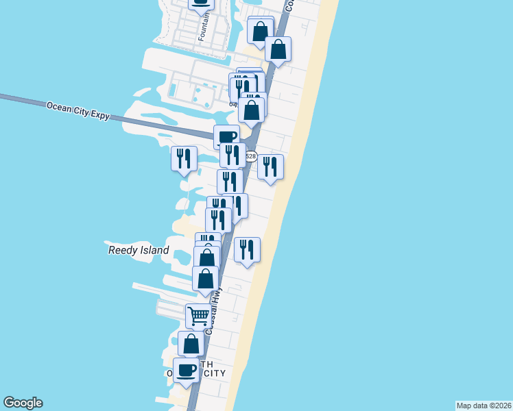 map of restaurants, bars, coffee shops, grocery stores, and more near 5801 Atlantic Avenue in Ocean City